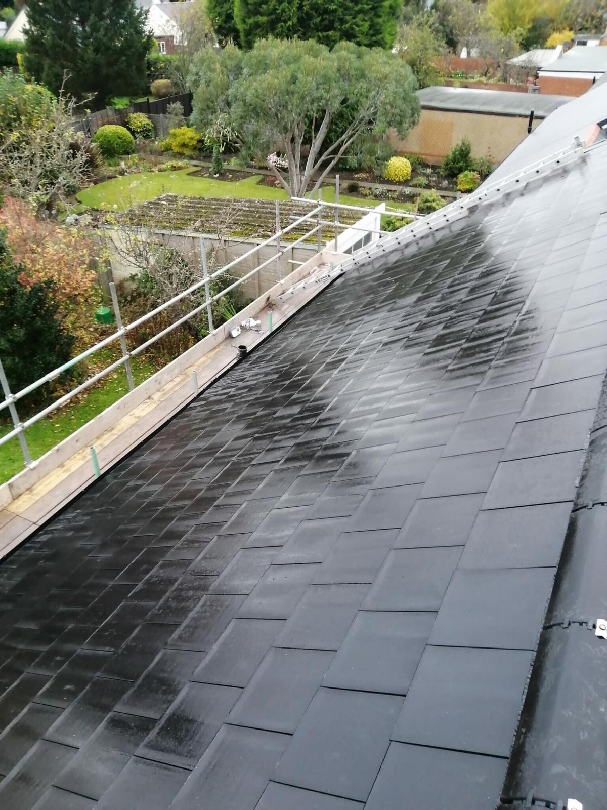 rain-washed new slate roof, low angle