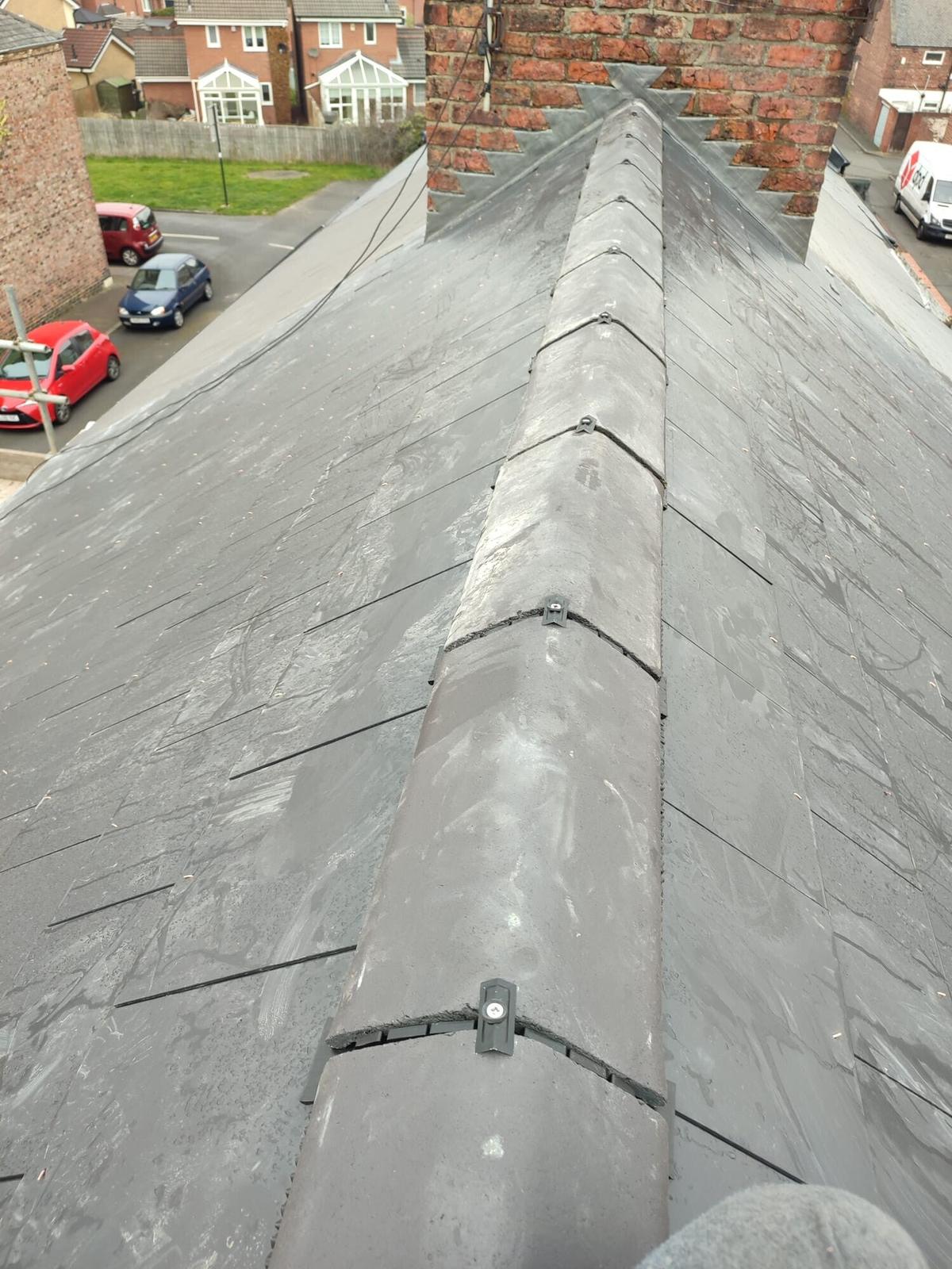 grey slate ridge run from above, terrace — recent Willow Roofing work